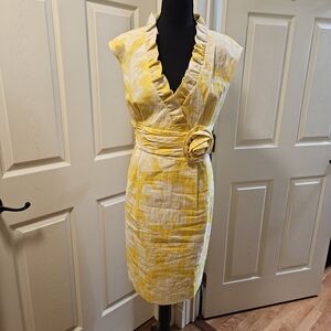 Jackie O Ruffle Collar Mad Men Sheath Dress Yellow White Floral Jacquard Sz 16
